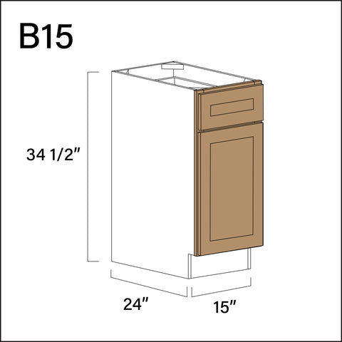 Wood Brown Shaker 1 Drawer 1 Door Kitchen Base Cabinet - 15" W x 34.5" H x 24" D