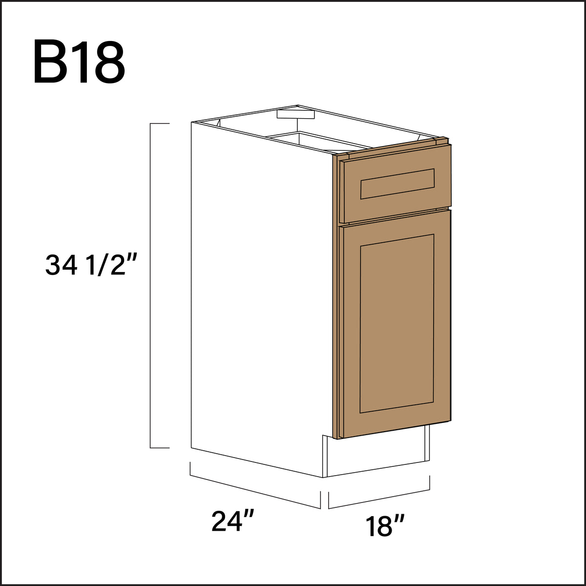 Wood Brown Shaker 1 Drawer 1 Door Kitchen Base Cabinet - 18" W x 34.5" H x 24" D