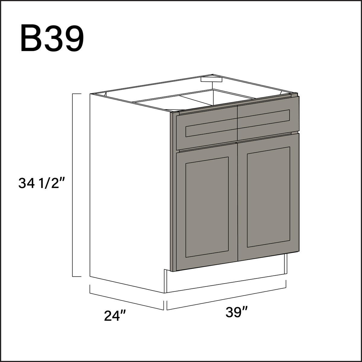 Dark Taupe Shaker 2 Drawer 2 Door Kitchen Base Cabinet - 39" W x 34.5" H x 24" D