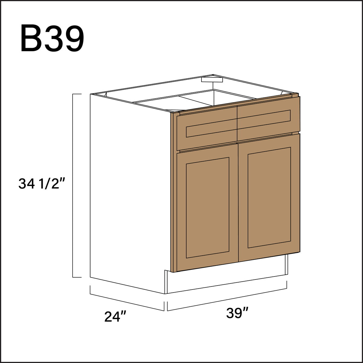 Wood Brown Shaker 2 Drawer 2 Door Kitchen Base Cabinet - 39" W x 34.5" H x 24" D