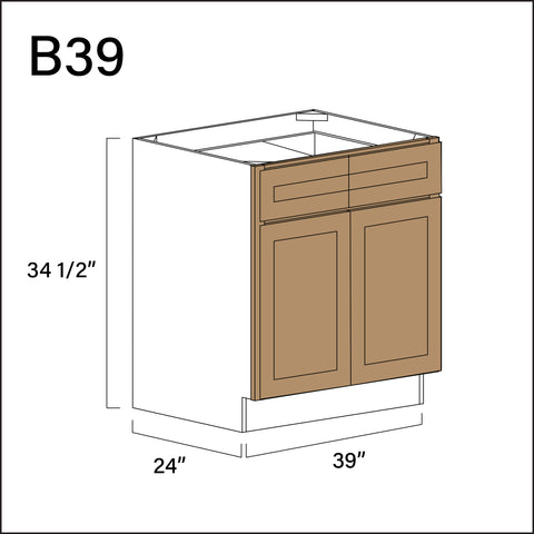 Wood Brown Shaker 2 Drawer 2 Door Kitchen Base Cabinet - 39" W x 34.5" H x 24" D