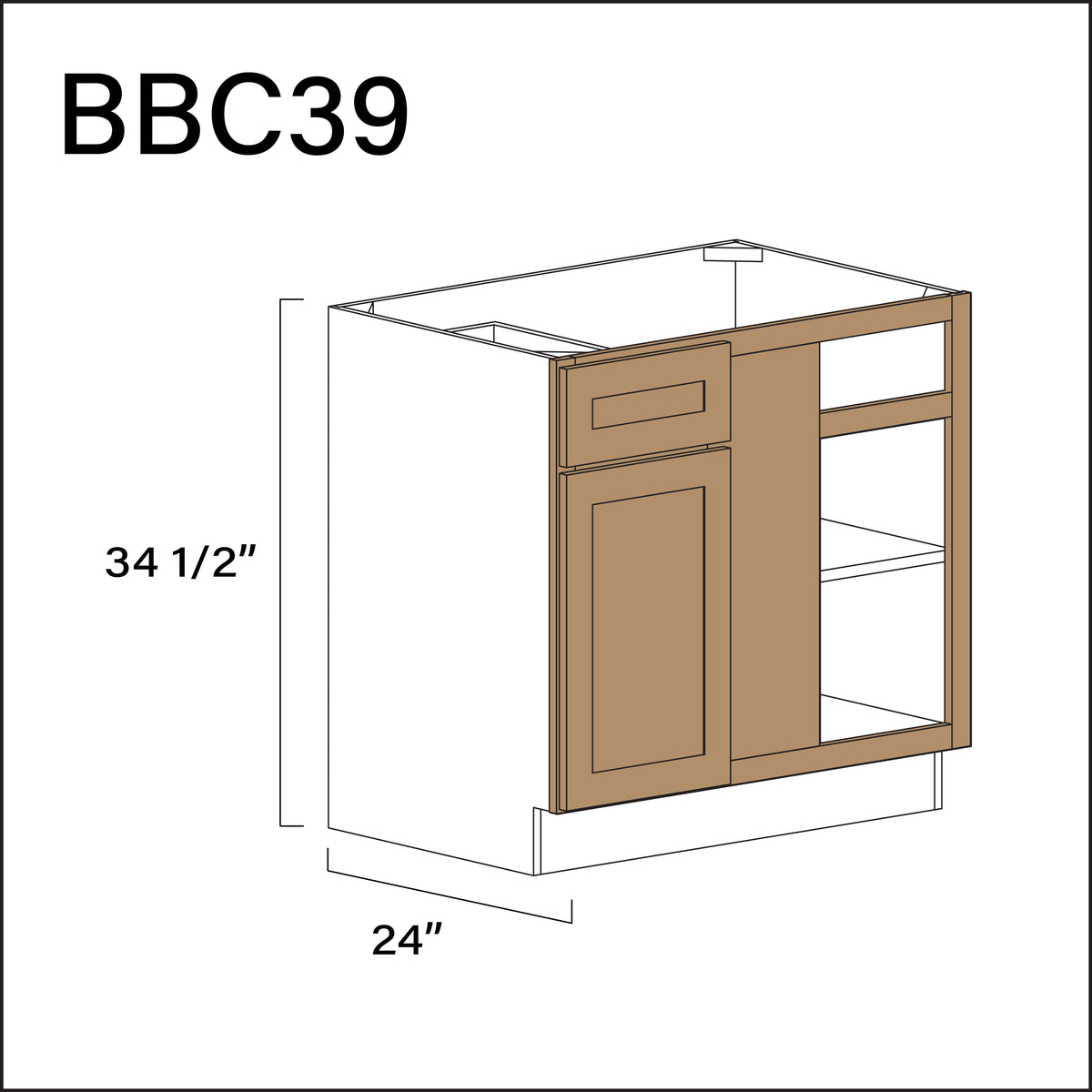 Wood Brown Shaker Base Blind Corner Cabinet - 36" W x 34.5" H x 24" D