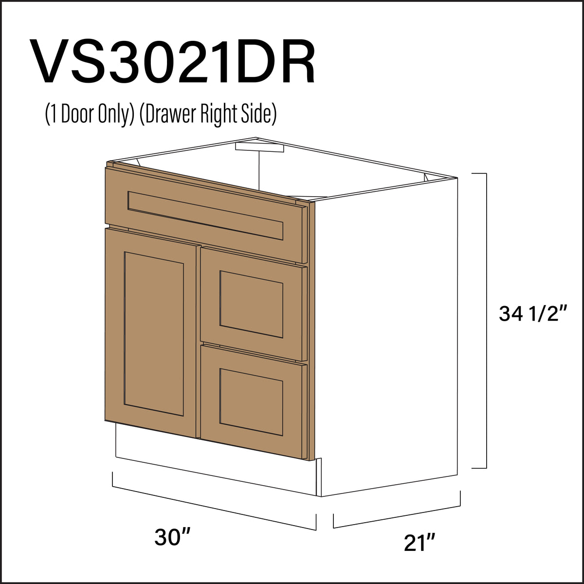 Wood Brown Shaker 2-Drawer Vanity (R) Base Cabinet - 30" W x 34.5" H x 21" D