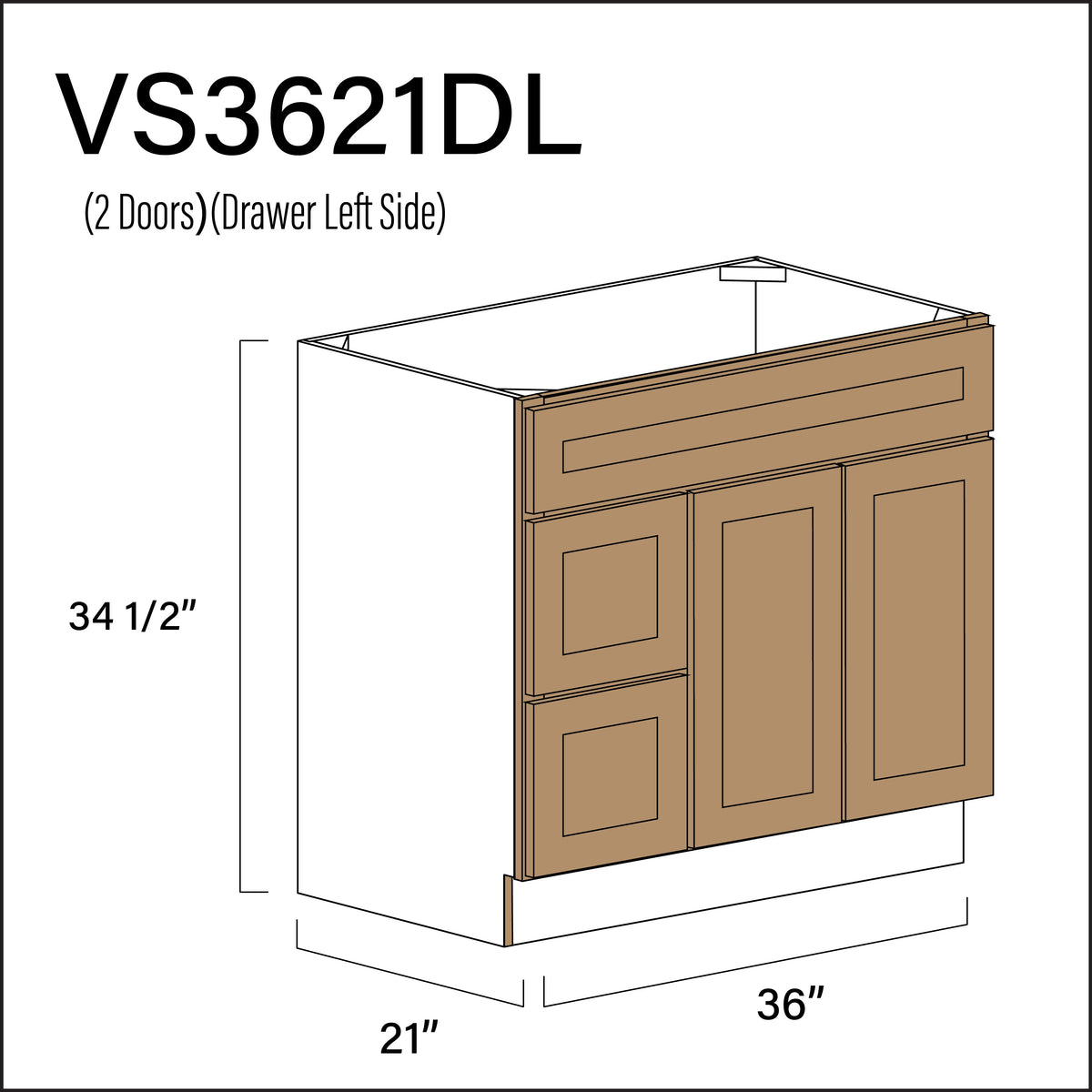 Wood Brown Shaker 2-Drawer Vanity (L) Base Cabinet - 36" W x 34.5" H x 21" D