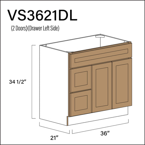 Wood Brown Shaker 2-Drawer Vanity (L) Base Cabinet - 36" W x 34.5" H x 21" D