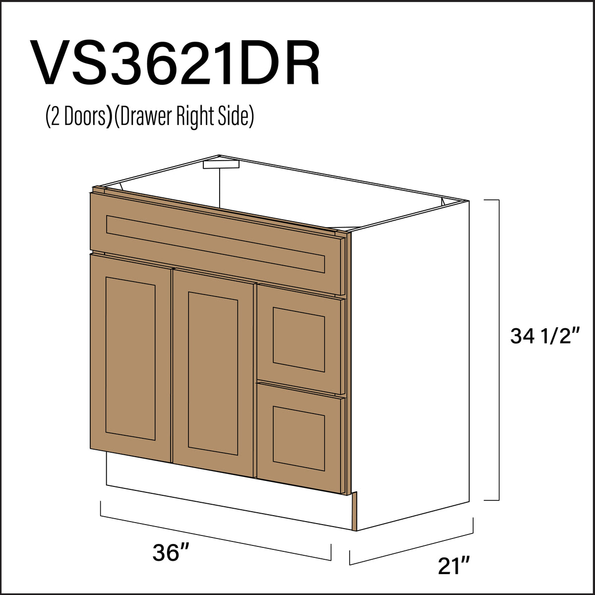 Wood Brown Shaker 2-Drawer Vanity (R) Base Cabinet - 36" W x 34.5" H x 21" D