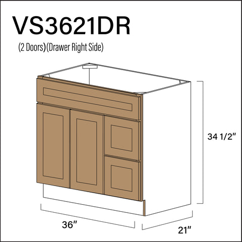 Wood Brown Shaker 2-Drawer Vanity (R) Base Cabinet - 36" W x 34.5" H x 21" D