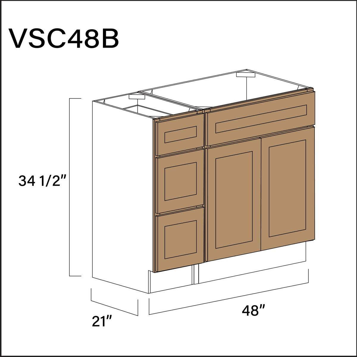 Wood Brown Shaker Vanity Sink Combo B Cabinets - 48" W x 34.5" H x 21" D