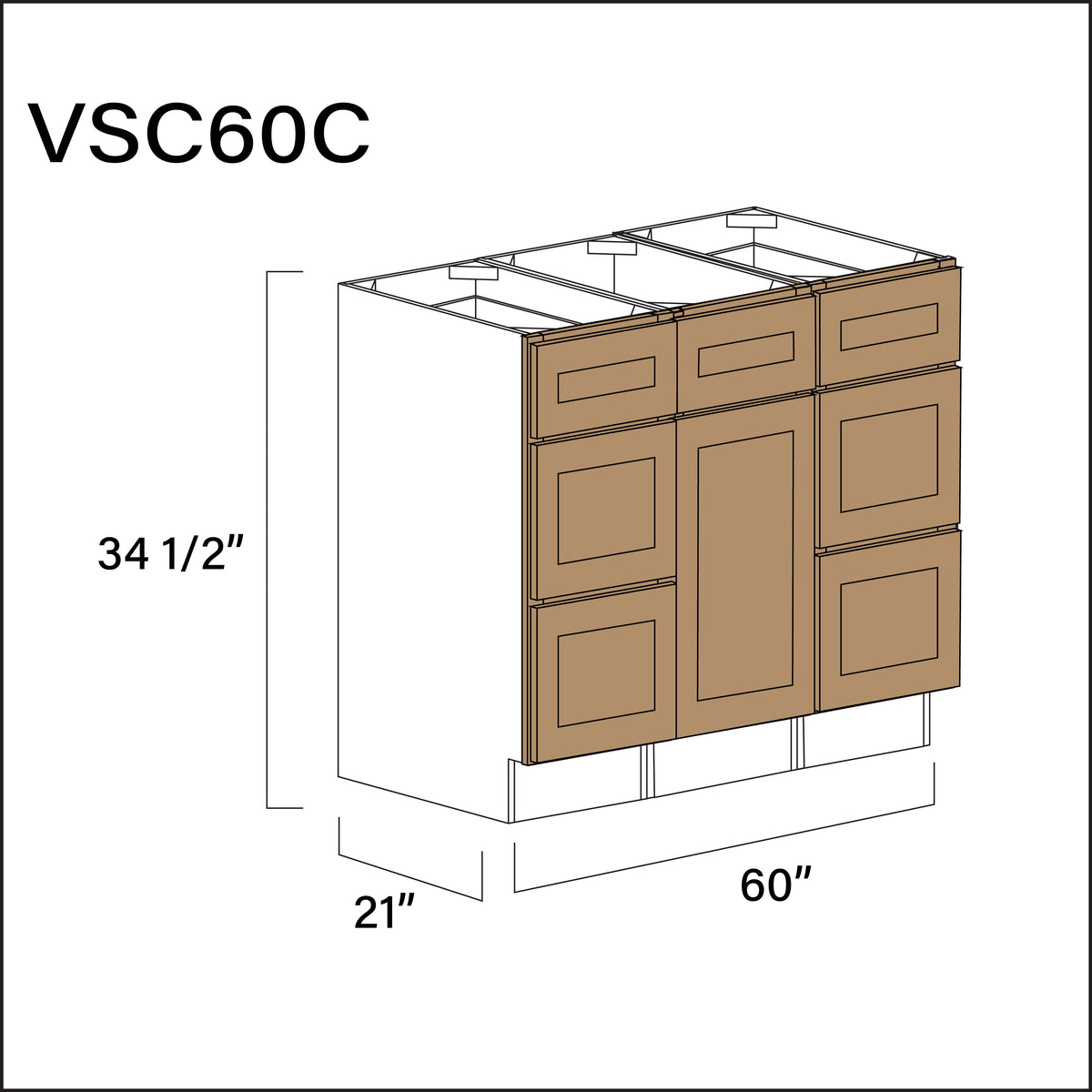 Wood Brown Shaker Vanity Sink Combo C Cabinets - 60" W x 34.5" H x 21" D