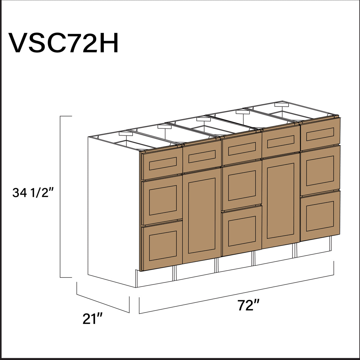 Wood Brown Shaker Vanity Sink Combo H Cabinets - 72" W x 34.5" H x 21" D