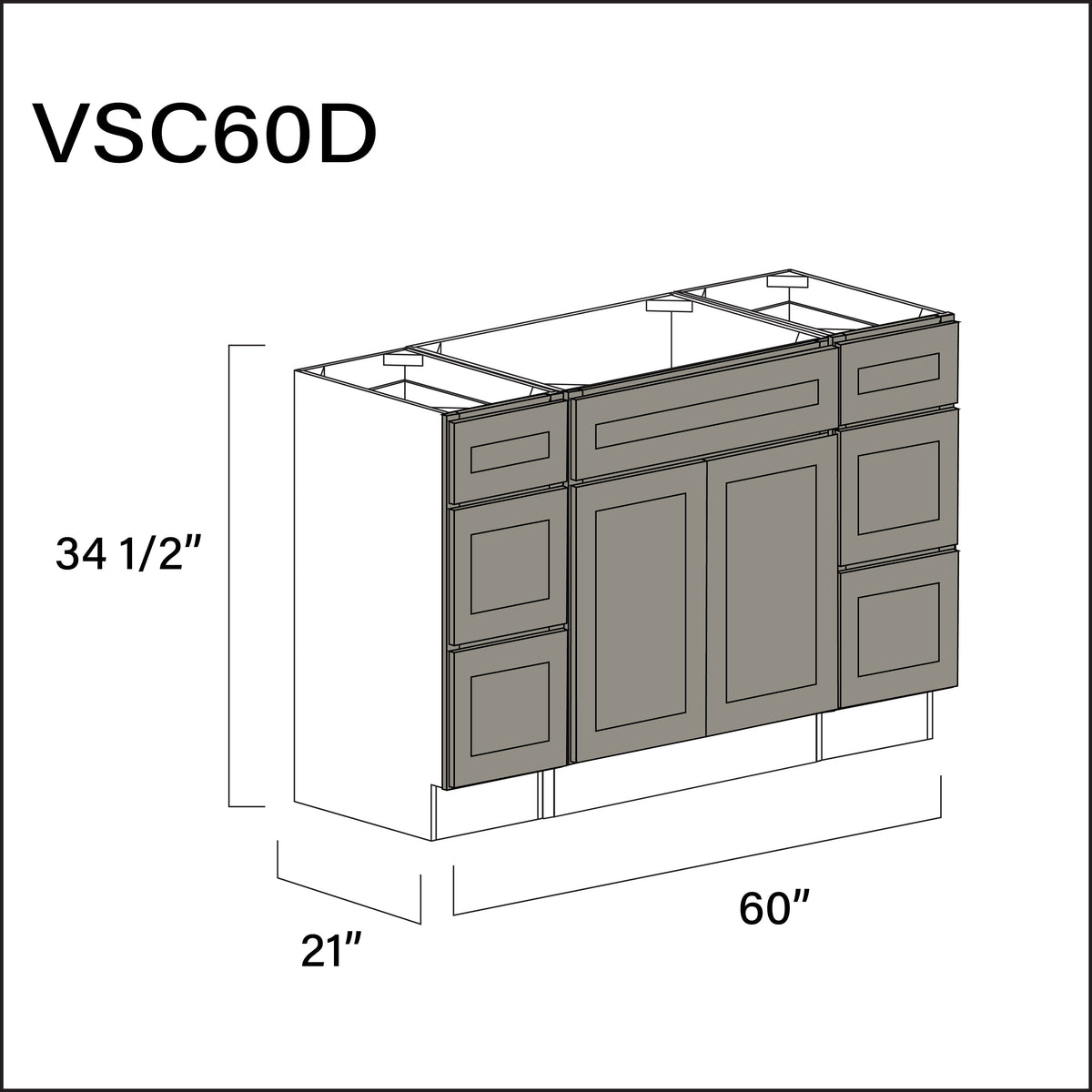 Dark Taupe Shaker Vanity Sink Combo D Cabinets - 60" W x 34.5" H x 21" D