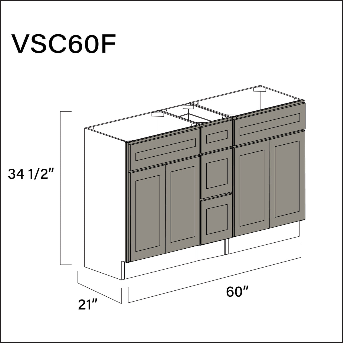 Dark Taupe Shaker Vanity Sink Combo F Cabinets - 60" W x 34.5" H x 21" D