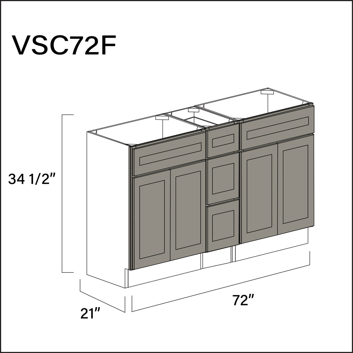 Dark Taupe Shaker Vanity Sink Combo F Cabinets - 72" W x 34.5" H x 21" D