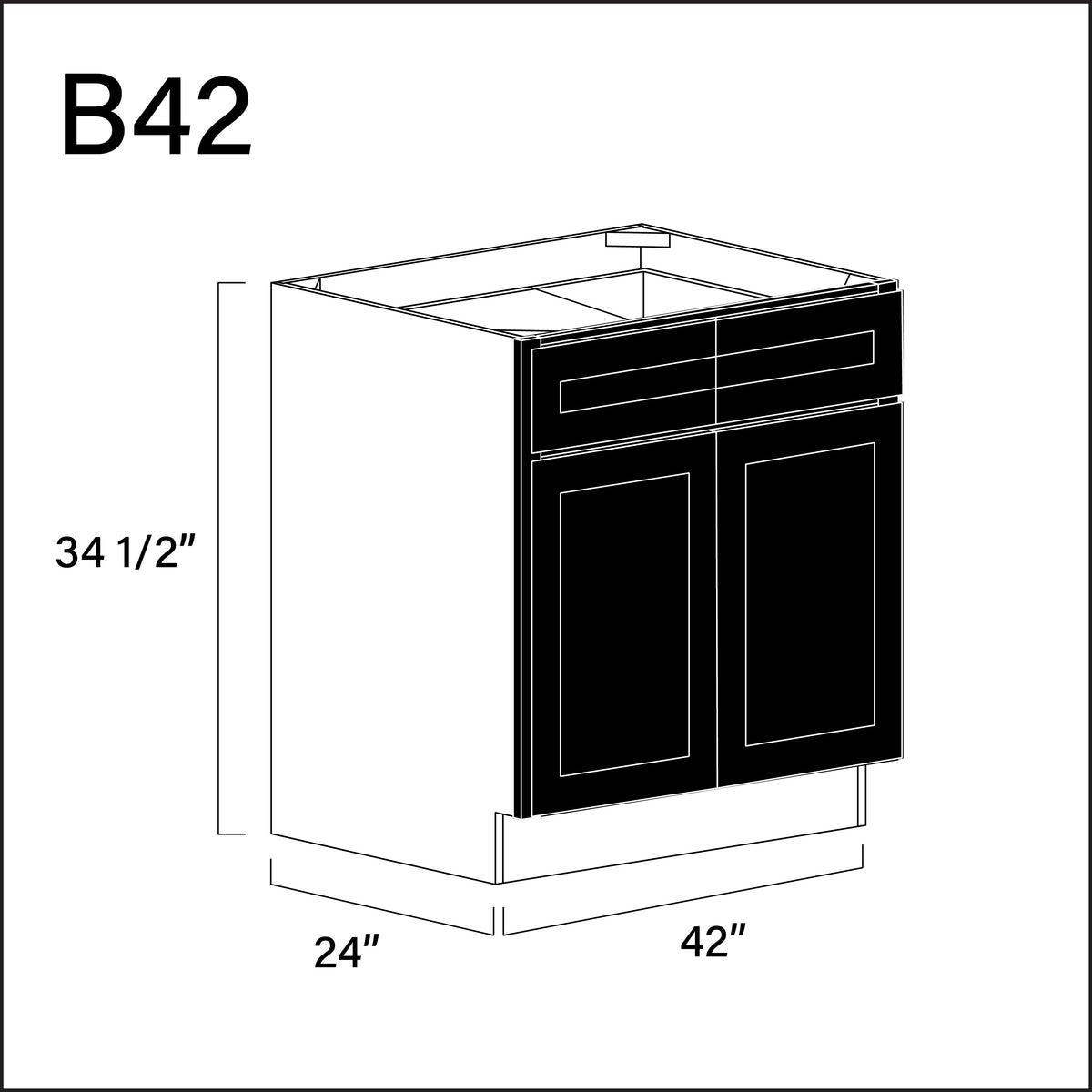 Black Shaker 2 Drawer 2 Door Kitchen Base Cabinet - 42" W x 34.5" H x 24" D