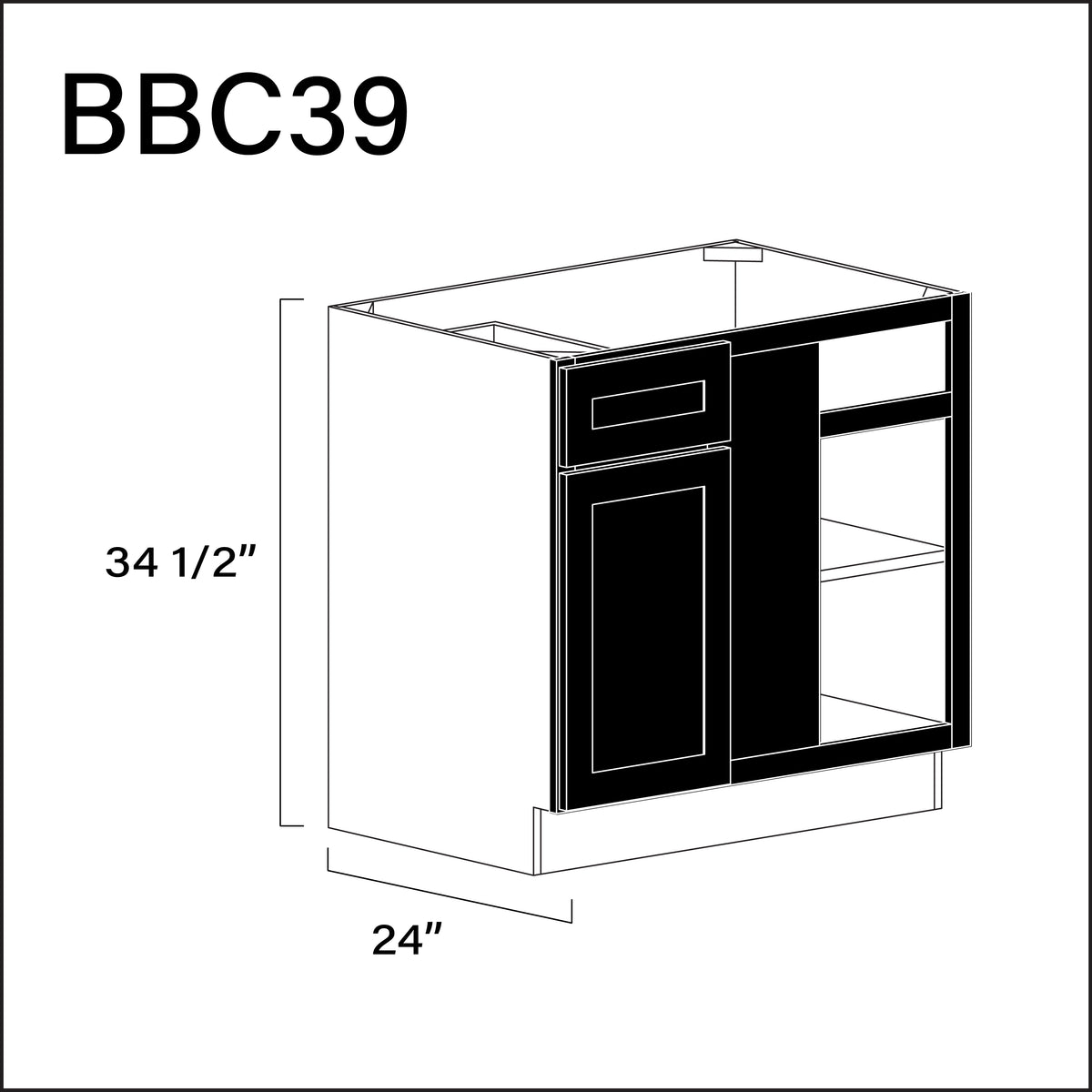 Black Shaker Base Blind Corner Cabinet - 36" W x 34.5" H x 24" D