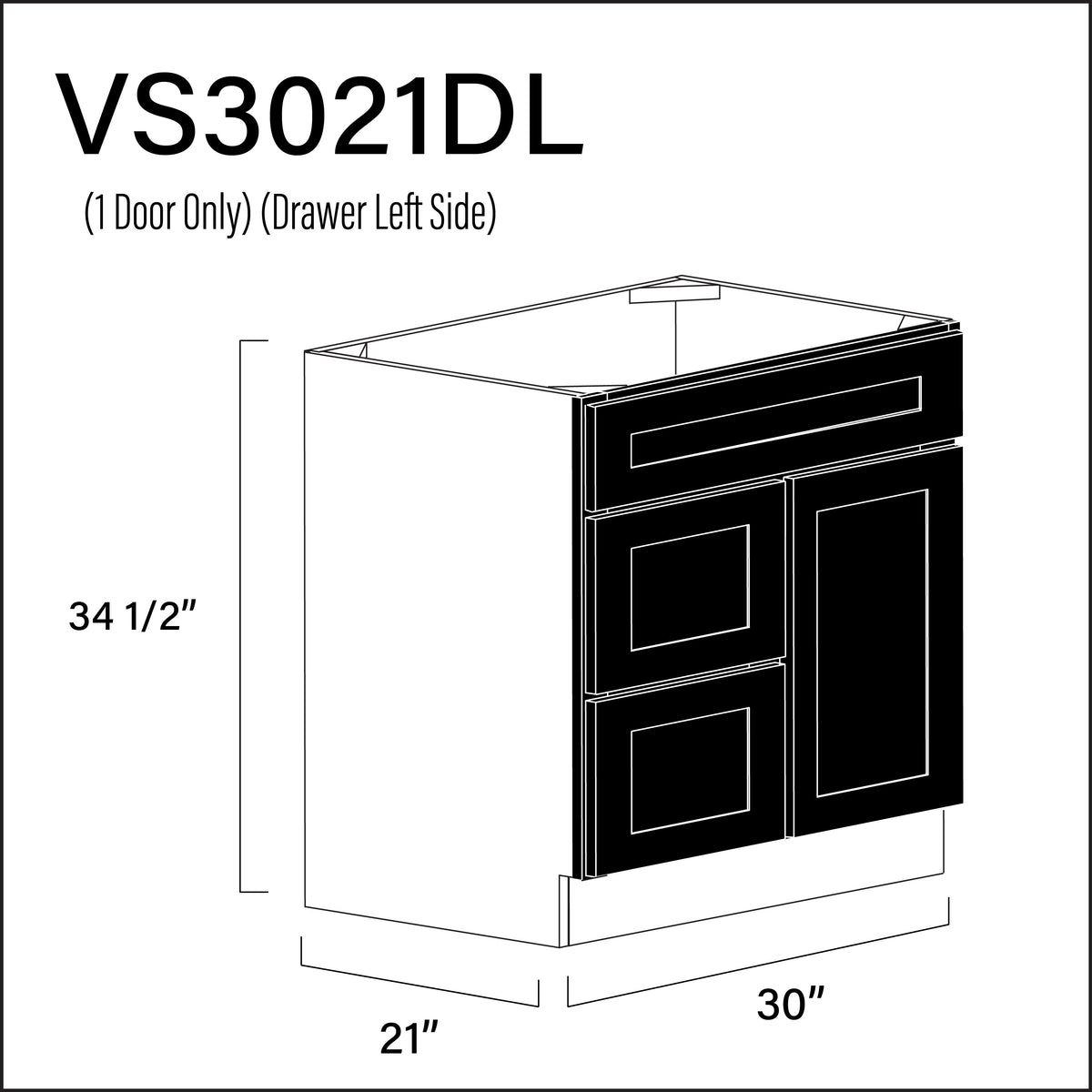 Black Shaker 2-Drawer Vanity (L) Base Cabinet - 30" W x 34.5" H x 21" D