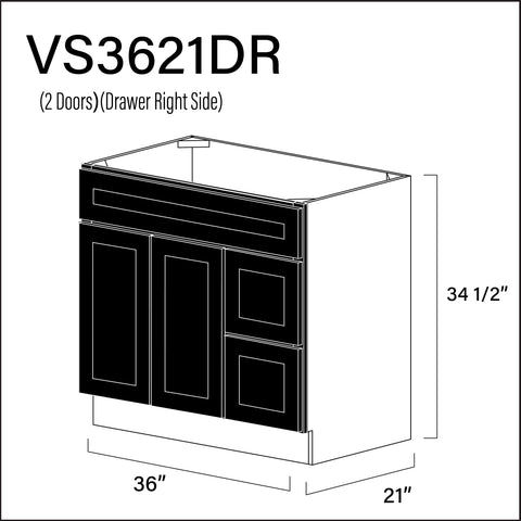 Black Shaker 2-Drawer Vanity (R) Base Cabinet - 36" W x 34.5" H x 21" D