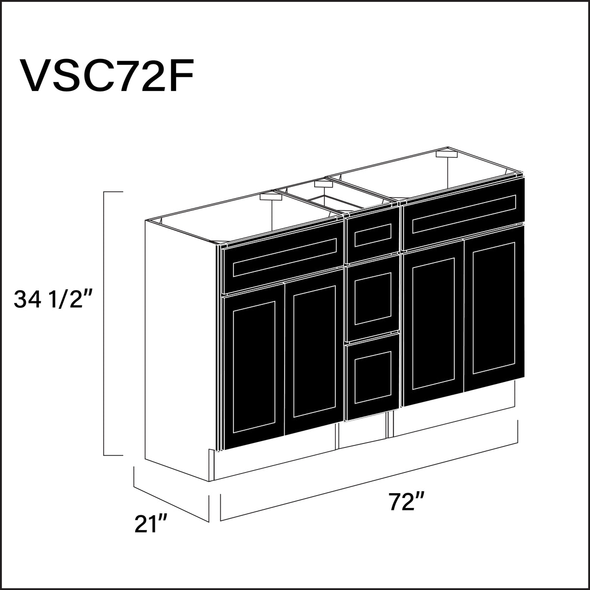 Black Shaker Vanity Sink Combo F Cabinets - 72" W x 34.5" H x 21" D