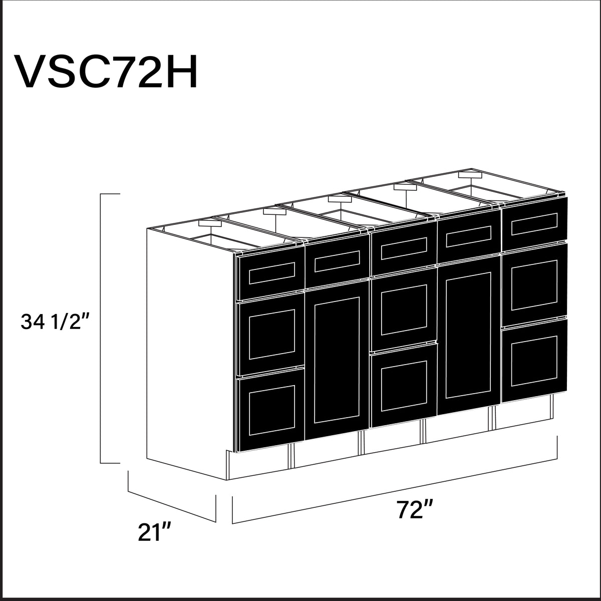 Black Shaker Vanity Sink Combo H Cabinets - 72" W x 34.5" H x 21" D