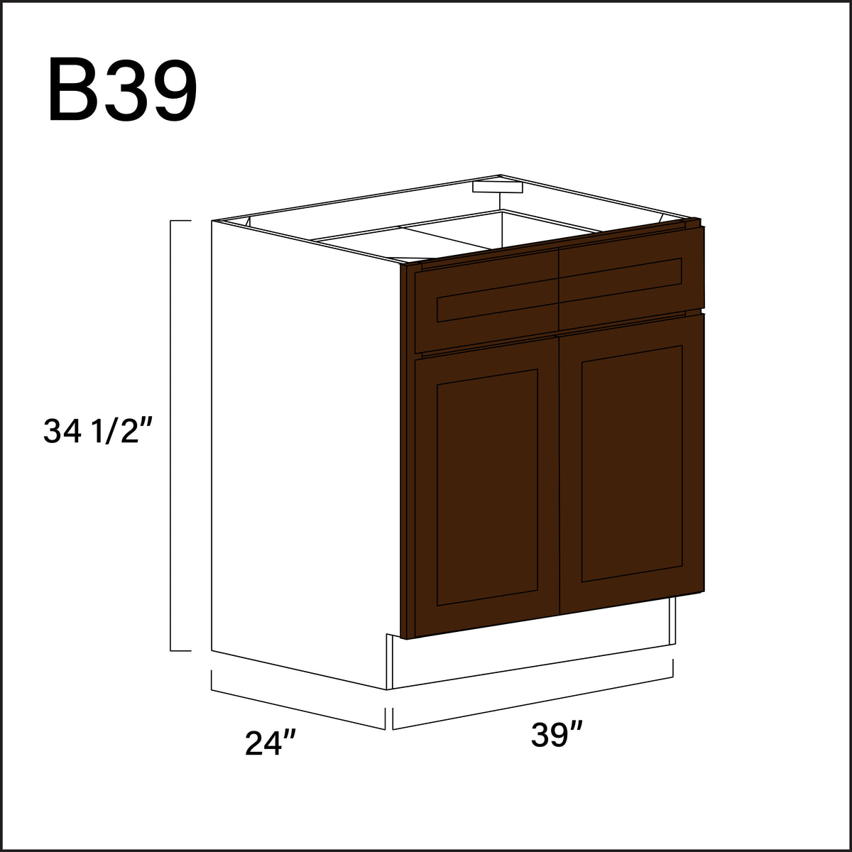 Espresso Shaker 2 Drawer 2 Door Kitchen Base Cabinet - 39" W x 34.5" H x 24" D