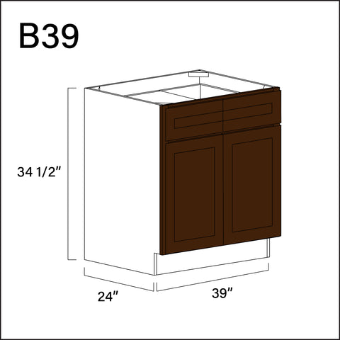 Espresso Shaker 2 Drawer 2 Door Kitchen Base Cabinet - 39" W x 34.5" H x 24" D