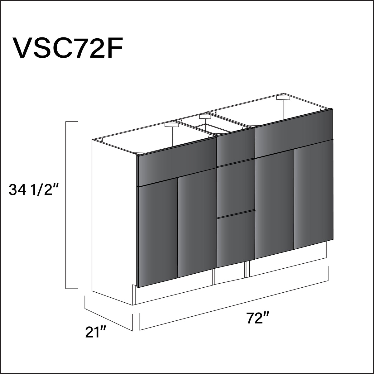 Glossy Gray Frameless Vanity Sink Combo F Cabinets - 72" W x 34.5" H x 21" D