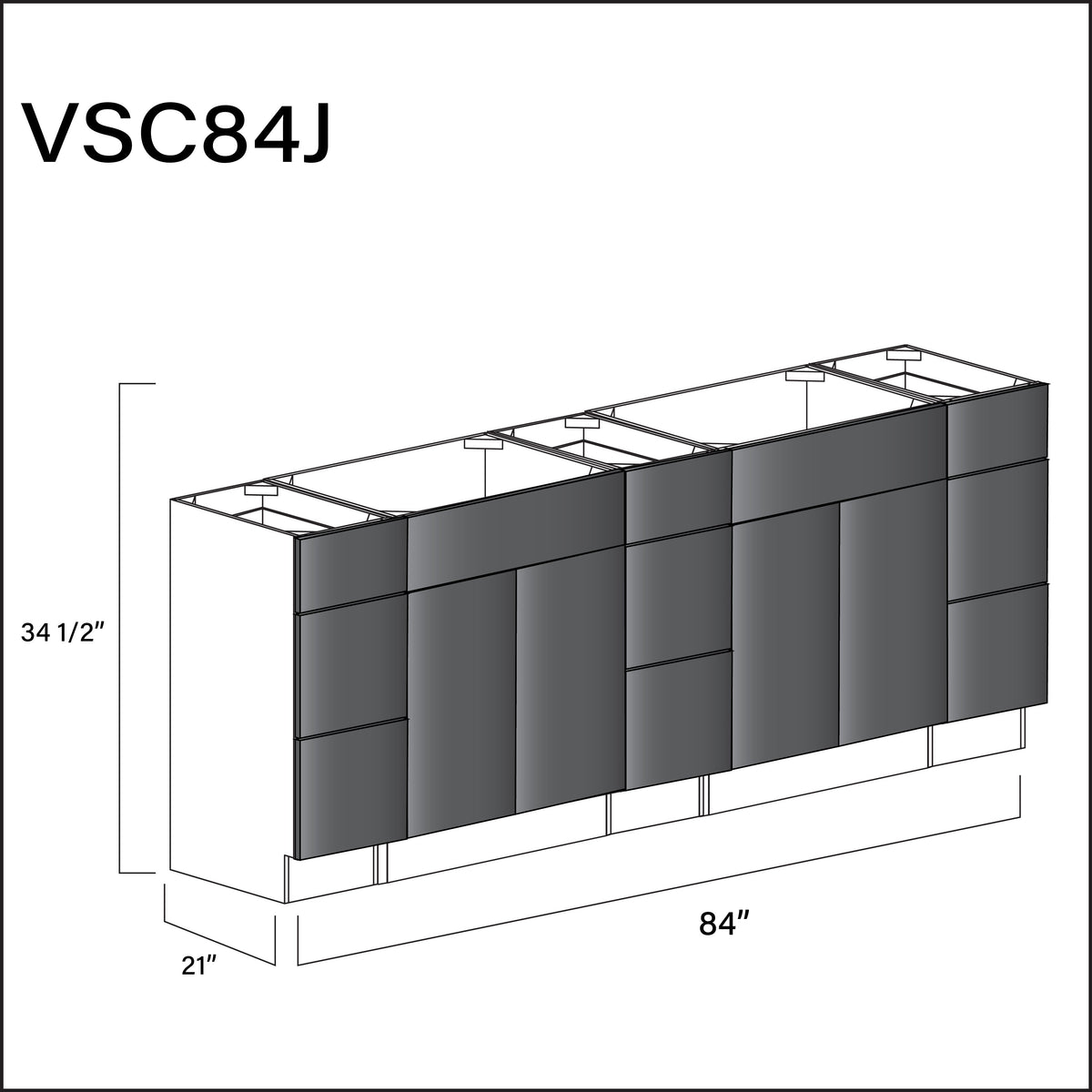 Glossy Gray Frameless Vanity Sink Combo J Cabinets - 84" W x 34.5" H x 21" D