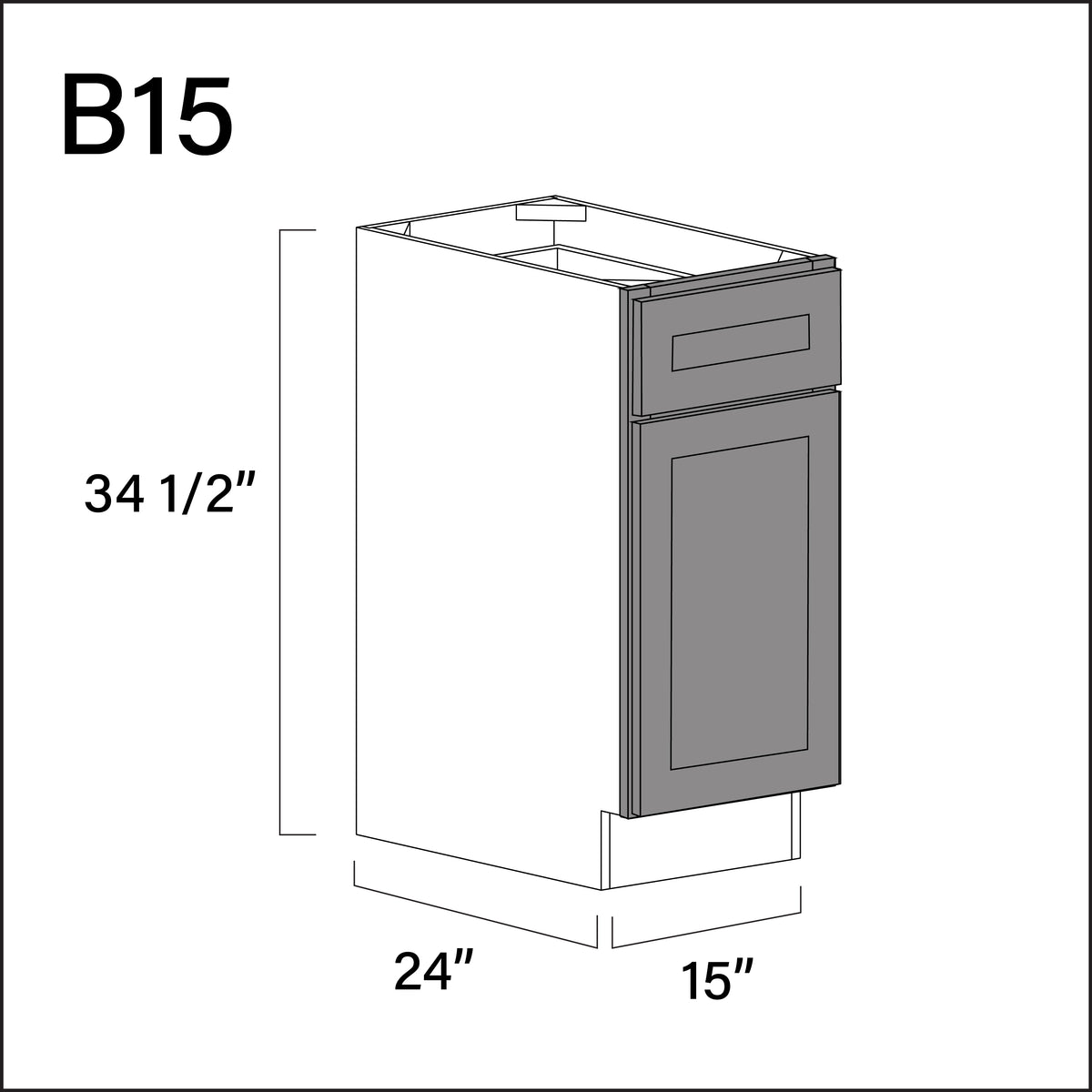 Gray Shaker 1 Drawer 1 Door Kitchen Base Cabinet - 15" W x 34.5" H x 24" D