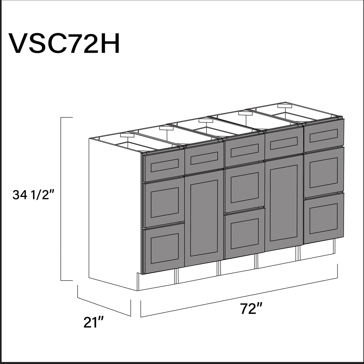 Earth Grey Shaker Vanity Sink Combo H Cabinets - 72" W x 34.5" H x 21" D