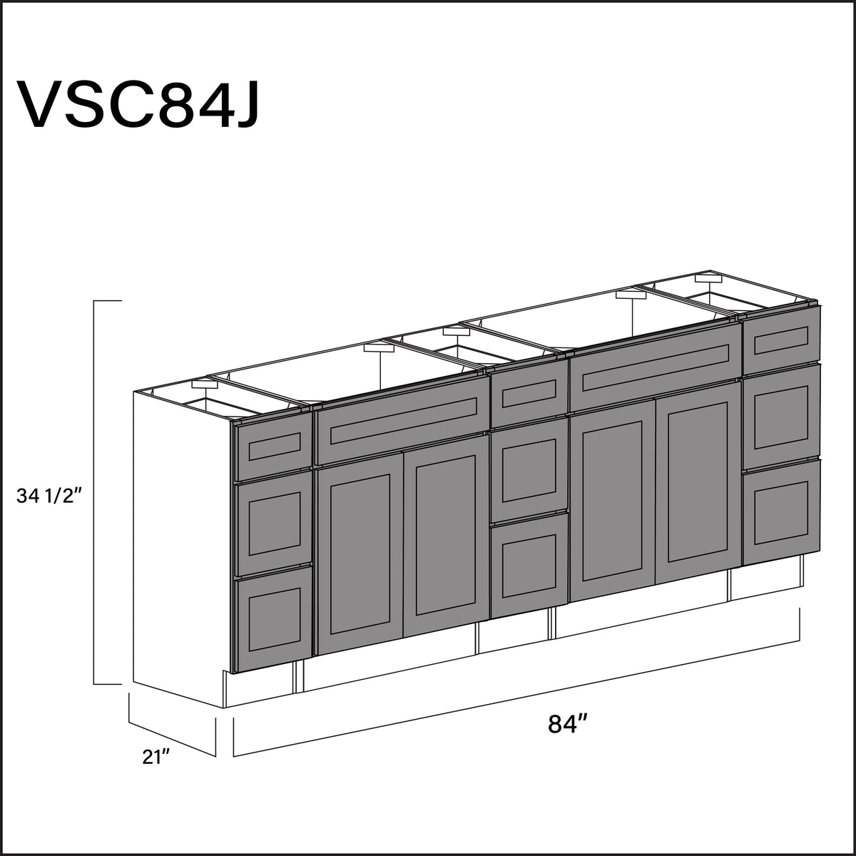 Earth Grey Shaker Vanity Sink Combo J Cabinets - 84" W x 34.5" H x 21" D