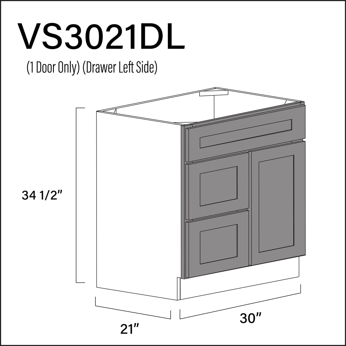 Earth Grey Shaker 2-Drawer Vanity (L) Base Cabinet - 30" W x 34.5" H x 21" D