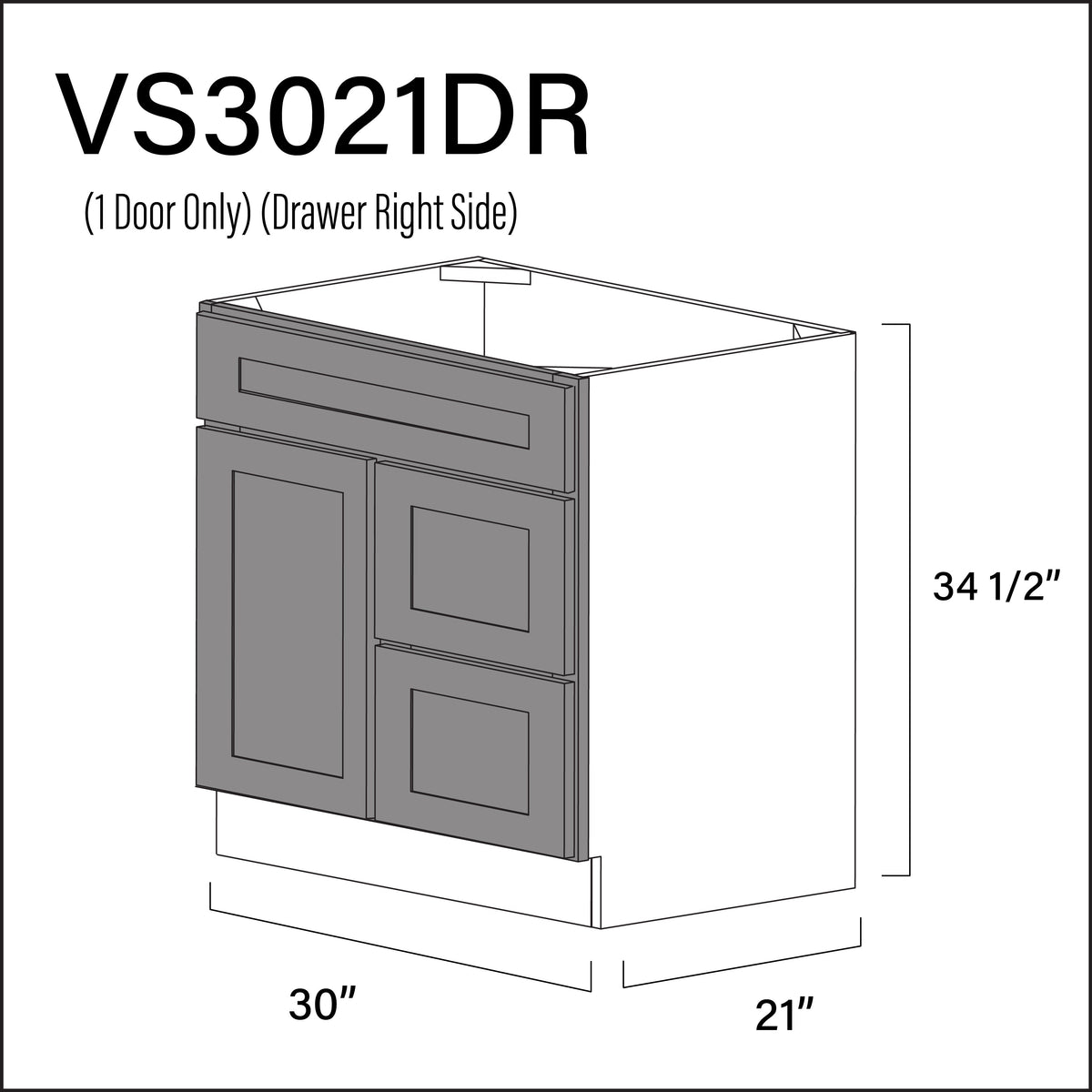 Earth Grey Shaker 2-Drawer Vanity (R) Base Cabinet - 30" W x 34.5" H x 21" D