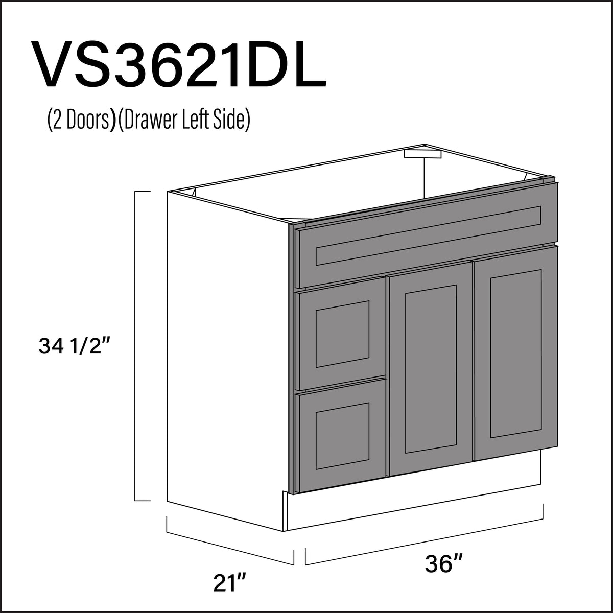 Earth Grey Shaker 2-Drawer Vanity (L) Base Cabinet - 36" W x 34.5" H x 21" D