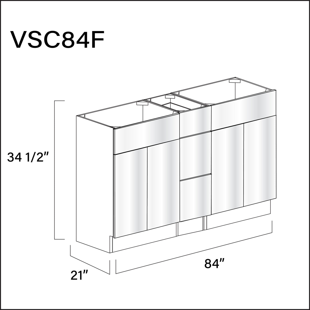 Glossy White Frameless Vanity Sink Combo F Cabinets - 84" W x 34.5" H x 21" D