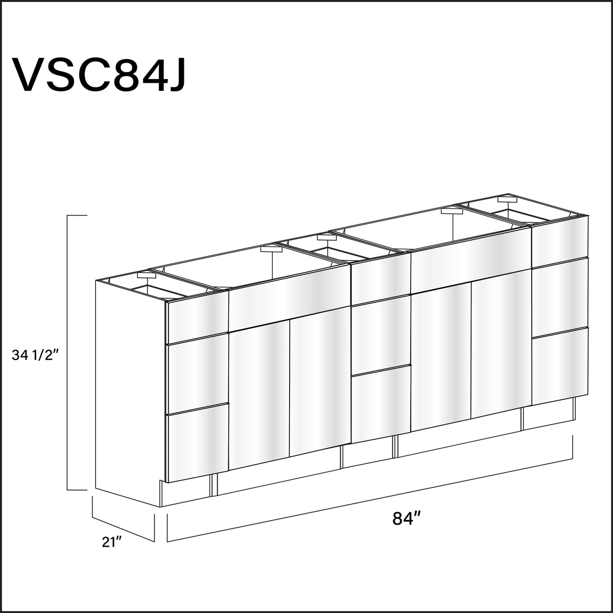 Glossy White Frameless Vanity Sink Combo J Cabinets - 84" W x 34.5" H x 21" D