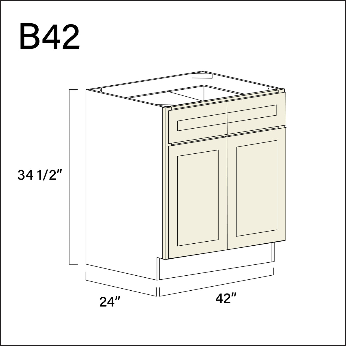 Milkshake White 2 Drawer 2 Door Kitchen Base Cabinet - 42" W x 34.5" H x 24" D