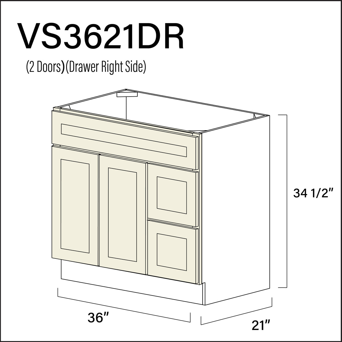 Milkshake White 2-Drawer Vanity (R) Base Cabinet - 36" W x 34.5" H x 21" D