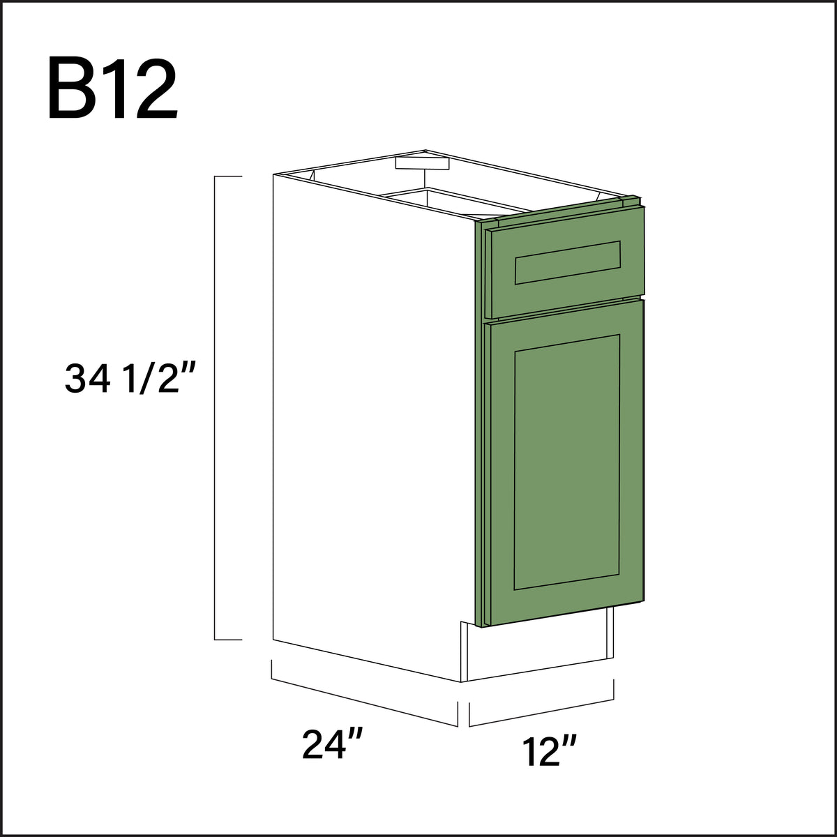 Emerald Green Shaker 1 Drawer 1 Door Kitchen Base Cabinet - 12" W x 34.5" H x 24" D