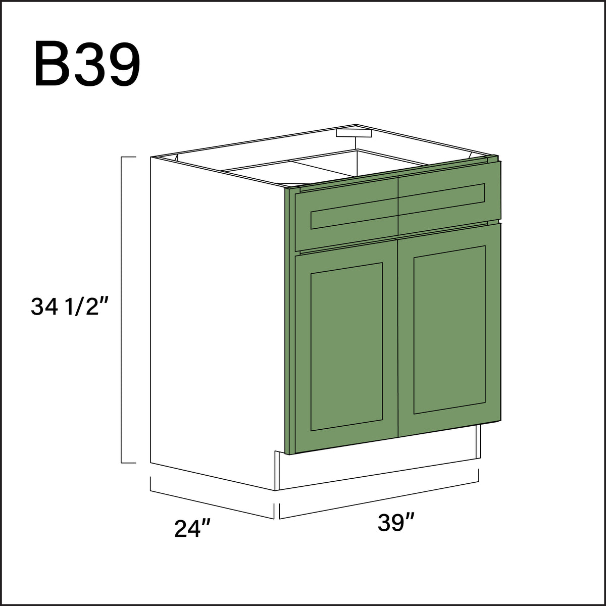 Emerald Green Shaker 2 Drawer 2 Door Kitchen Base Cabinet - 39" W x 34.5" H x 24" D