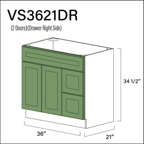 Emerald Green Shaker 2-Drawer Vanity (R) Base Cabinet - 36" W x 34.5" H x 21" D