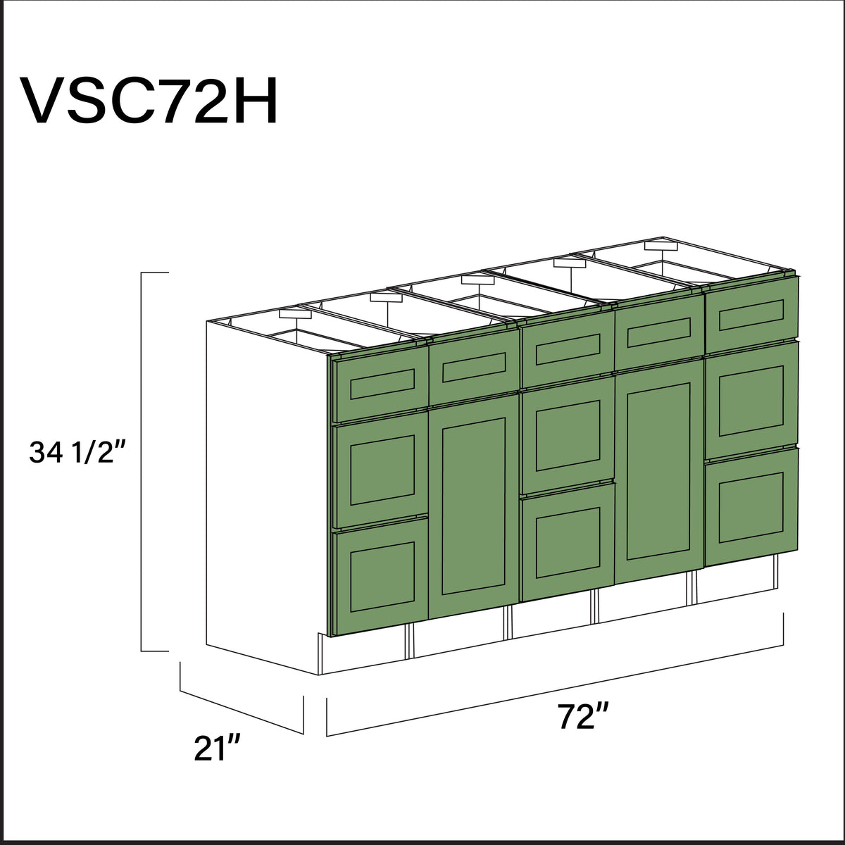 Emerald Green Shaker Vanity Sink Combo H Cabinets - 72" W x 34.5" H x 21" D