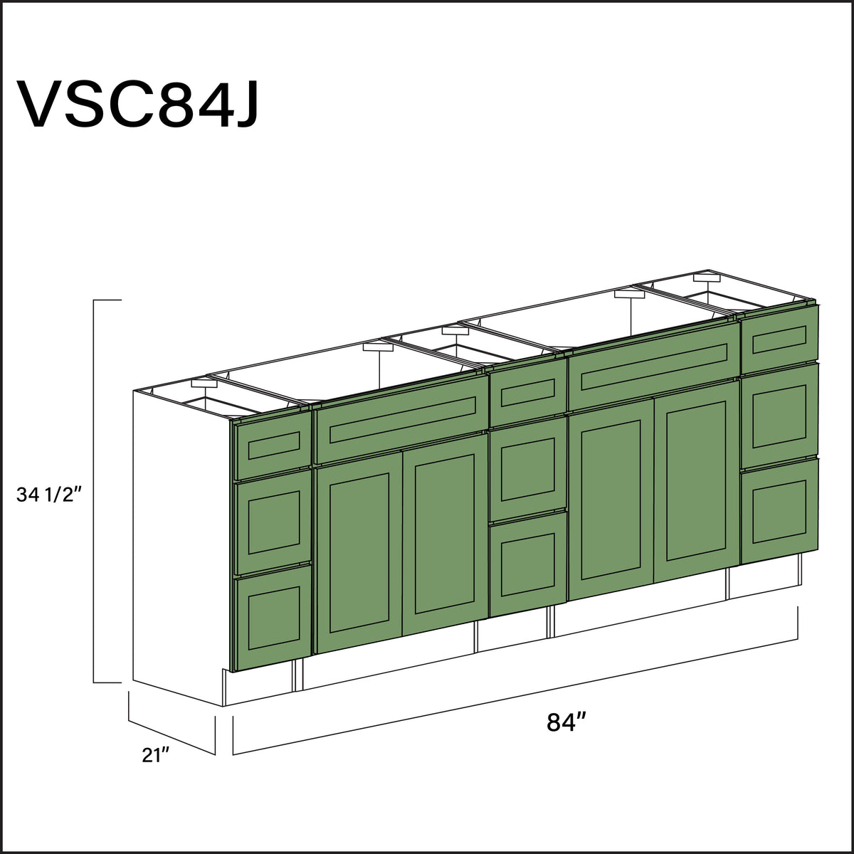 Emerald Green Shaker Vanity Sink Combo J Cabinets - 84" W x 34.5" H x 21" D