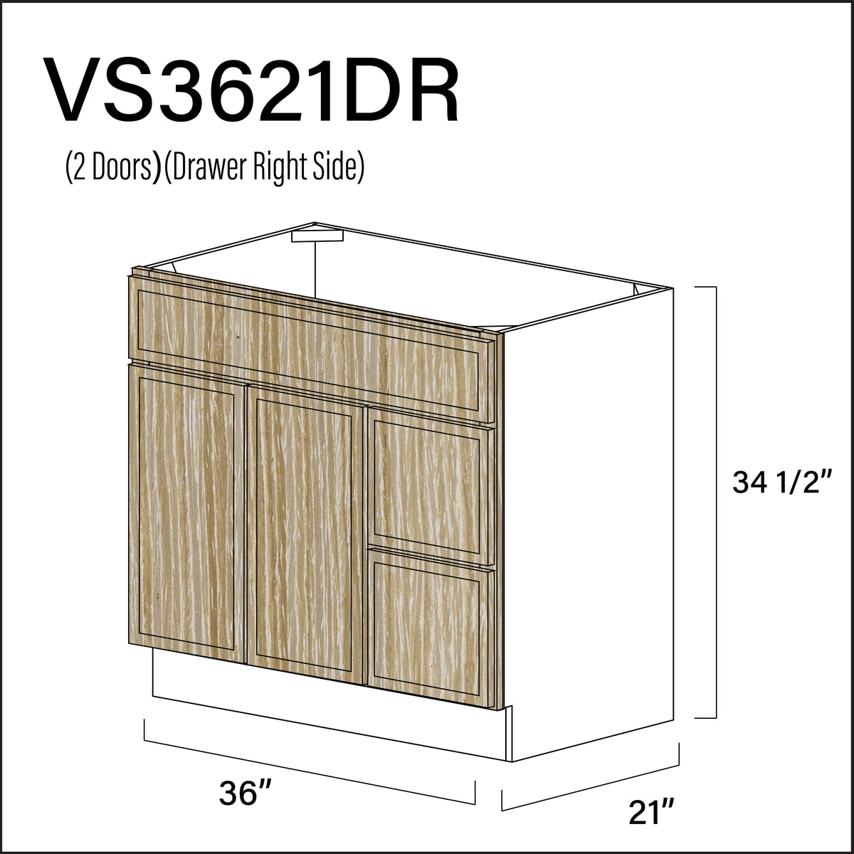 Angel Oak Slim Shaker 2-Drawer Vanity (R) Base Cabinet - 36" W x 34.5" H x 21" D