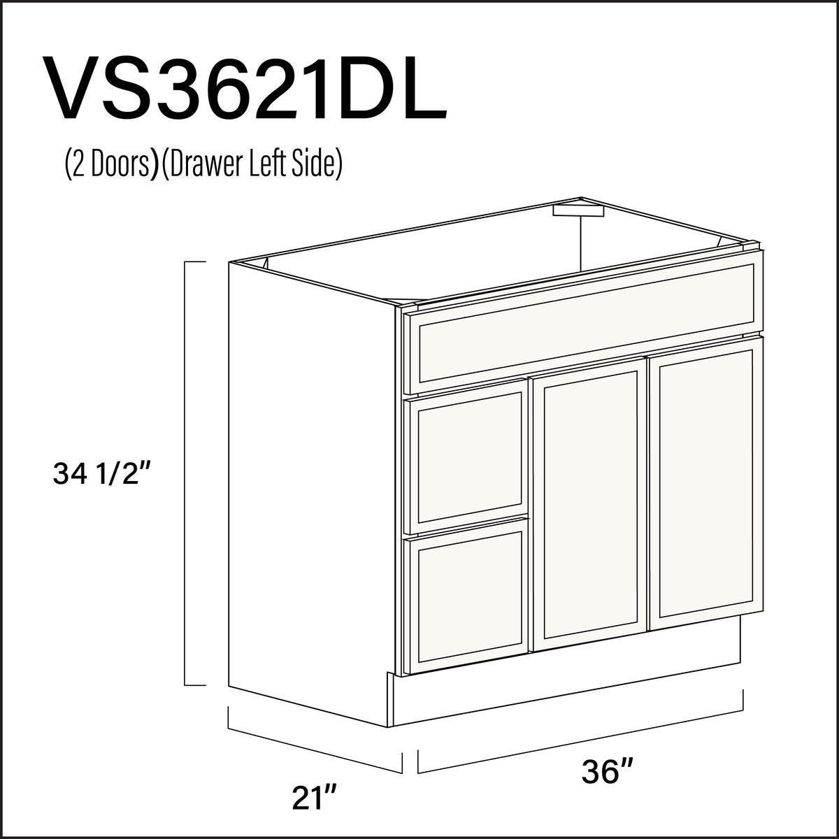 Angel White Slim Shaker 2-Drawer Vanity (L) Base Cabinet - 36" W x 34.5" H x 21" D