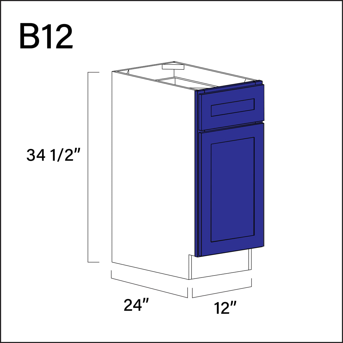 Blue Shaker 1 Drawer 1 Door Kitchen Base Cabinet - 12" W x 34.5" H x 24" D