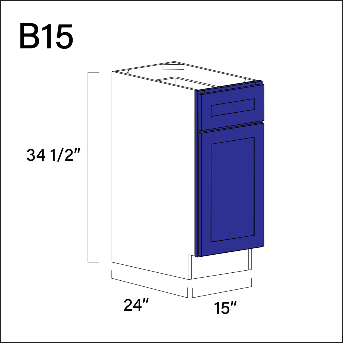 Blue Shaker 1 Drawer 1 Door Kitchen Base Cabinet - 15" W x 34.5" H x 24" D