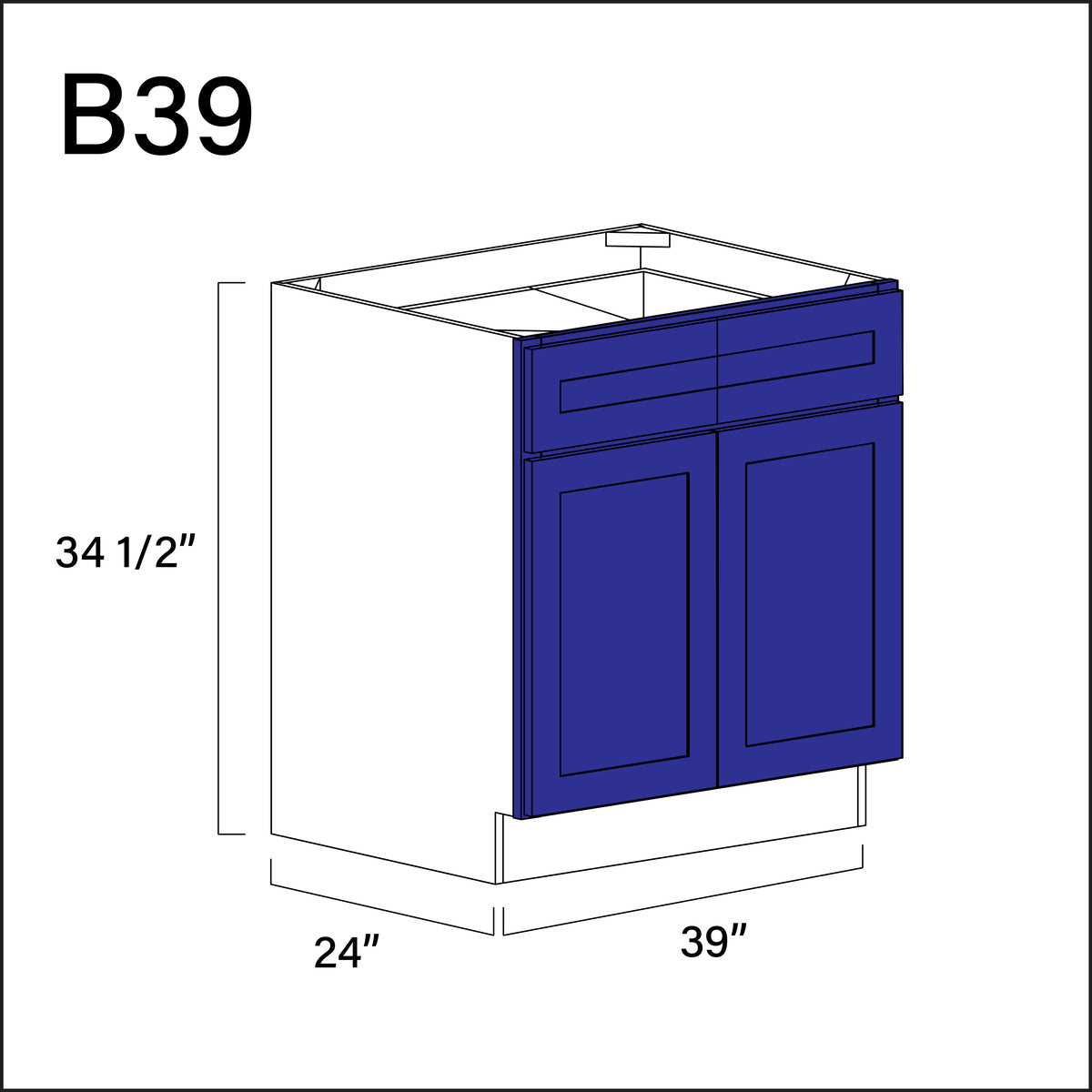 Royal Blue Shaker 2 Drawer 2 Door Kitchen Base Cabinet - 39" W x 34.5" H x 24" D