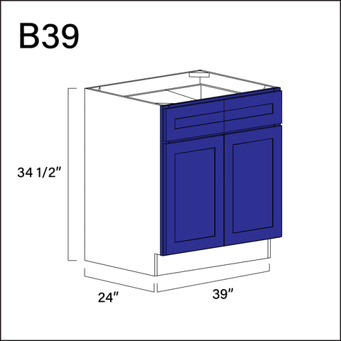 Royal Blue Shaker 2 Drawer 2 Door Kitchen Base Cabinet - 39" W x 34.5" H x 24" D