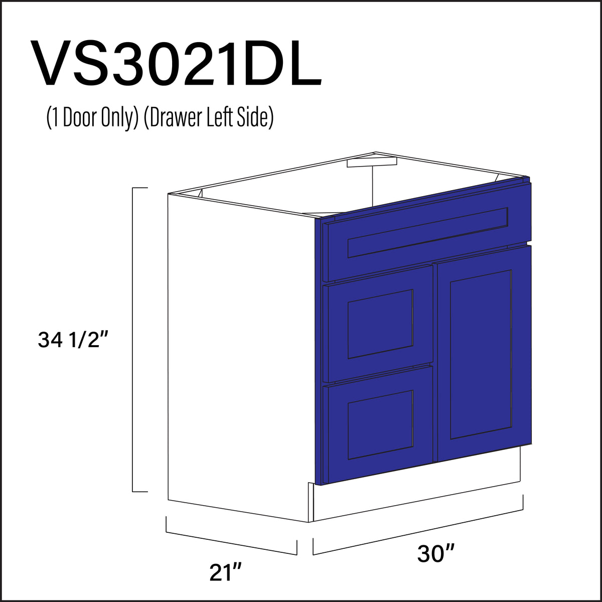 Royal Blue Shaker 2-Drawer Vanity (L) Base Cabinet - 30" W x 34.5" H x 21" D