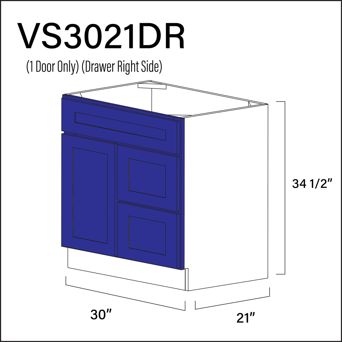 Royal Blue Shaker 2-Drawer Vanity (R) Base Cabinet - 30" W x 34.5" H x 21" D